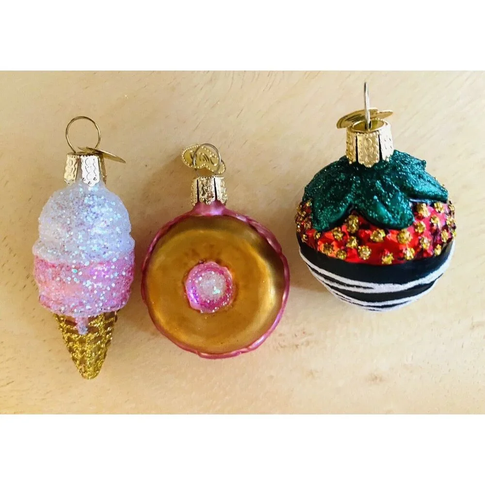 Dessert Set Of 3 Ornaments Gift Toppers Donut Strawberry Ice Cream Cone 2” High